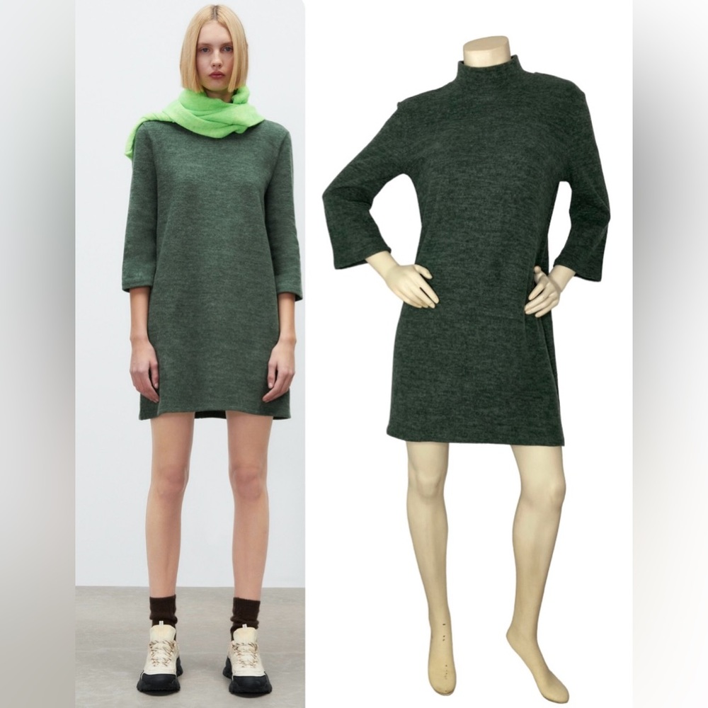 ZARA Olive Green Mock Neck Super Soft Knit 3/4 Sleeve Sheath Mini Sweater Dress